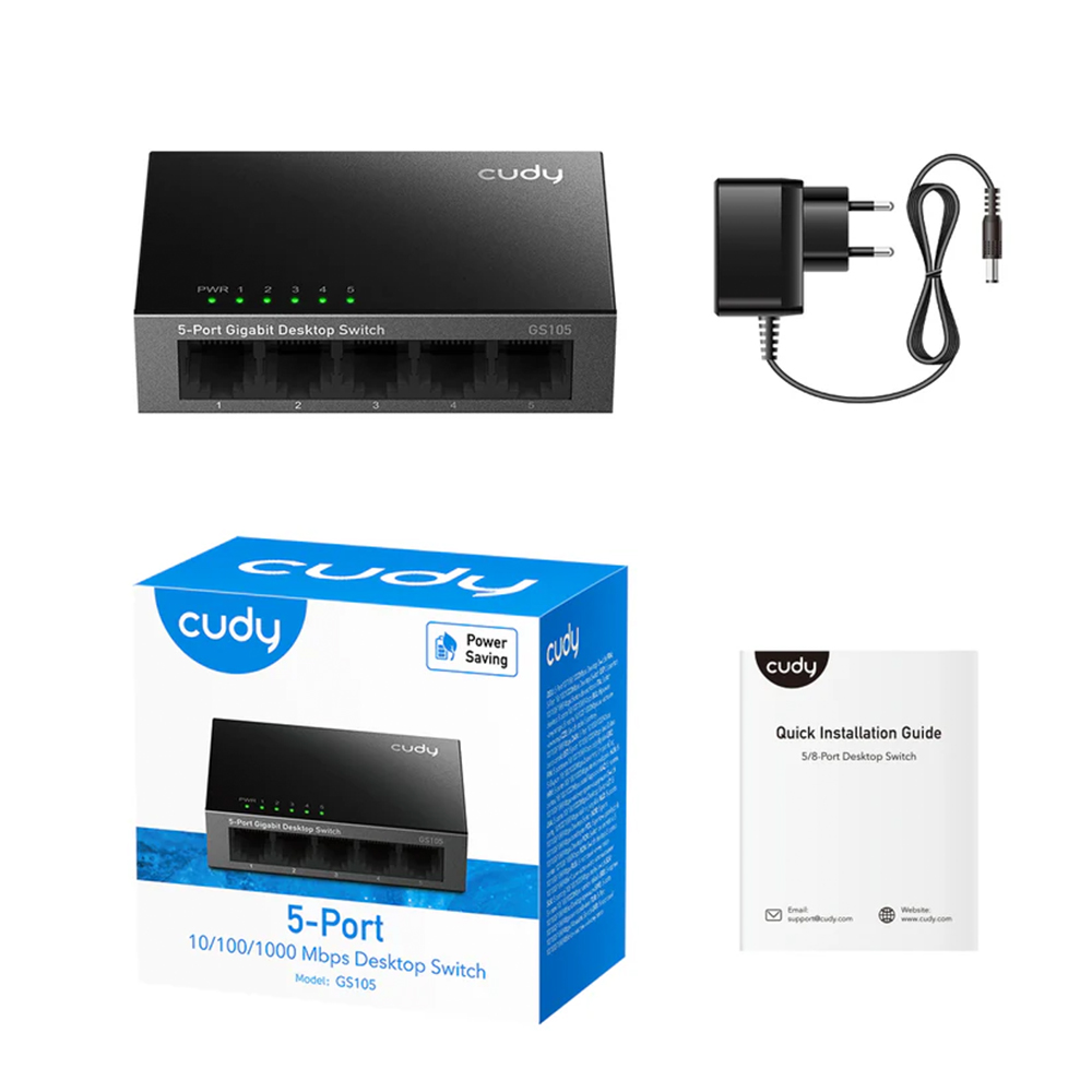 Picture of CUDY GS105 - 5-Port Gigabit Desktop Switch - Super-Fast Gigabit – Five 10/100/1000 Mbps non-blocking ports for smooth data transfer - Extra Transmission Distance – Supports up to 140 meters of Gigabit wiring - Power Saving – Reduces electricity use