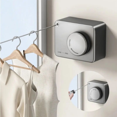 Picture of Wall Mount Clothesline Adjustable Retracting Stainless Steel Wire Indoor Outdoor Laundry Clothes Drying Line 5.2M