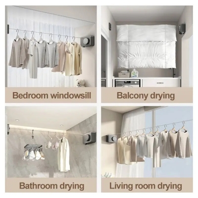 Picture of Wall Mount Clothesline Adjustable Retracting Stainless Steel Wire Indoor Outdoor Laundry Clothes Drying Line 5.2M
