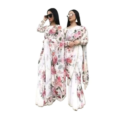Picture of Fashionable print jorjet sari/ dress Flat Color Saree for Women