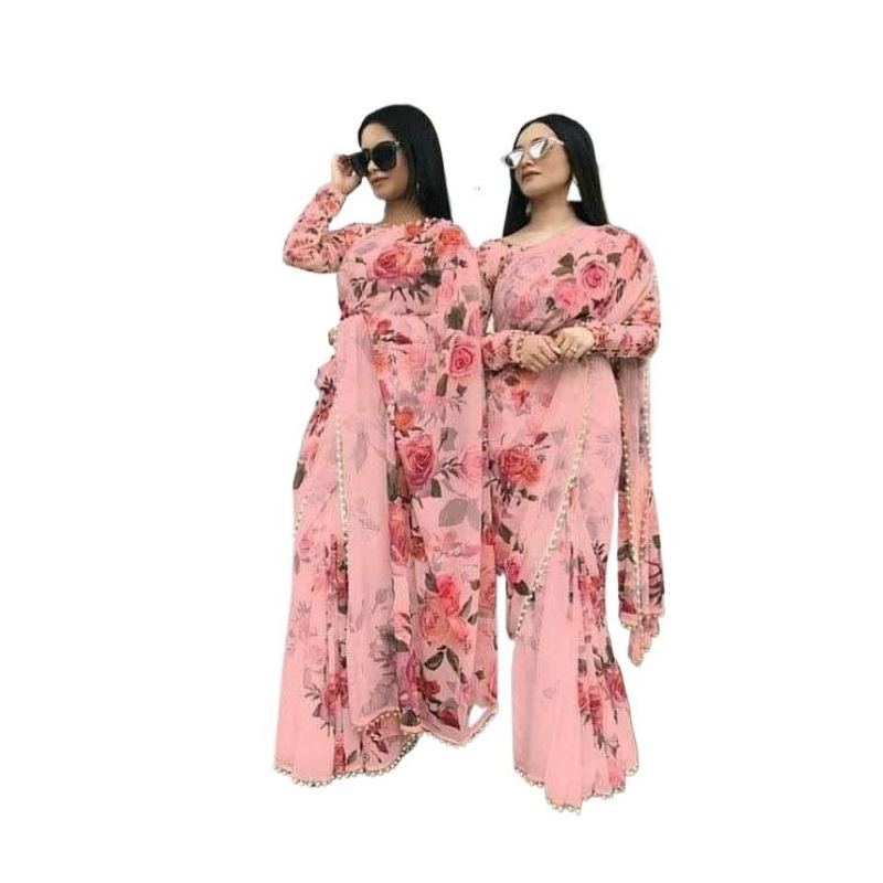 Picture of Fashionable print jorjet sari/ dress Flat Color Saree for Women