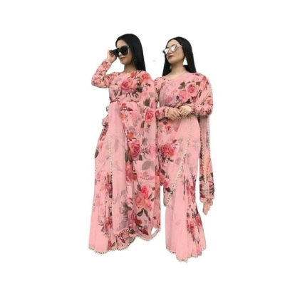 Picture of Fashionable print jorjet sari/ dress Flat Color Saree for Women