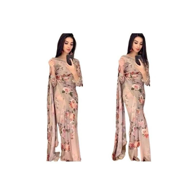 Picture of Fashionable print jorjet sari/ dress Flat Color Saree for Women