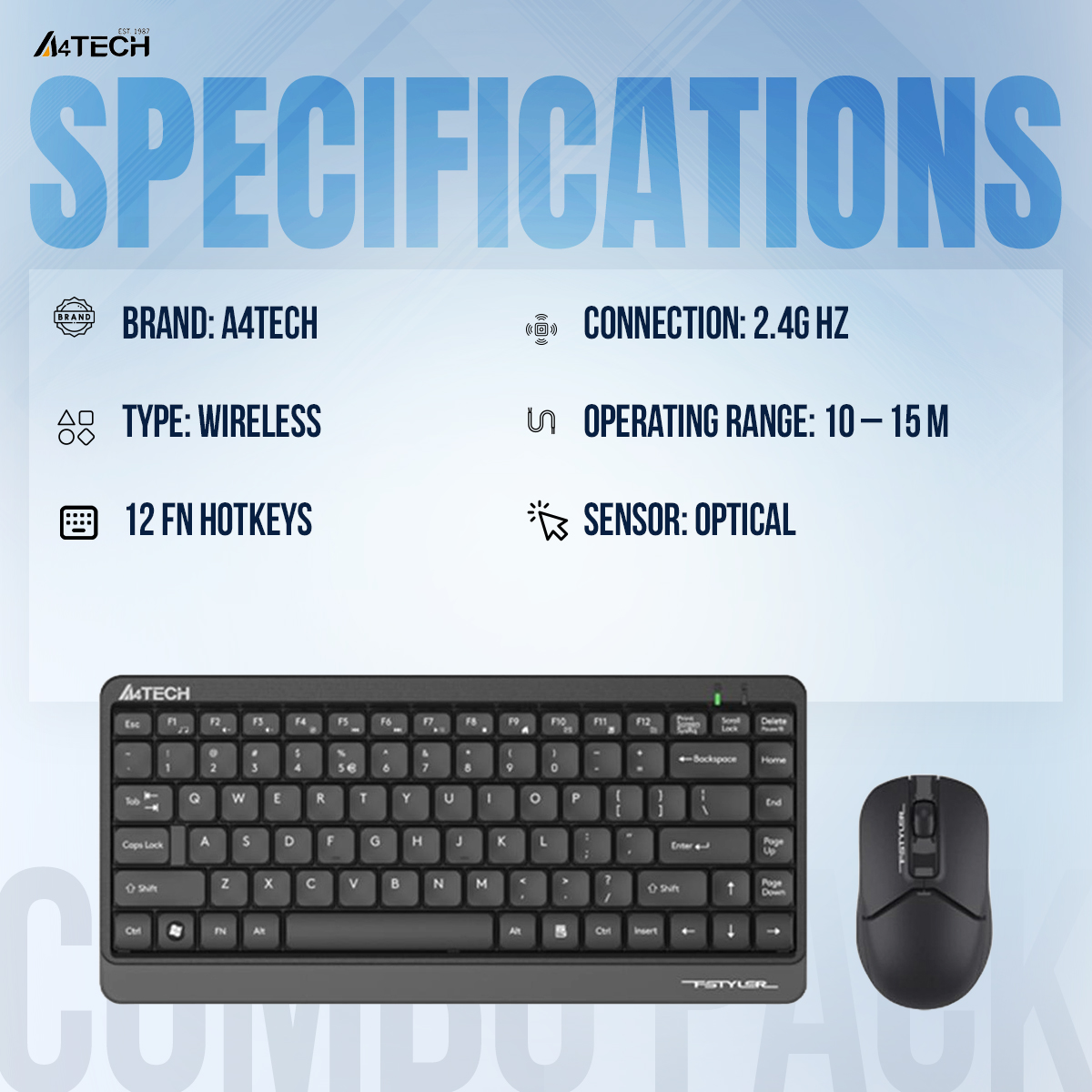 Picture of A4TECH Fstyler FG1112 Wireless Keyboard And Mouse Combo - 2.4 GHz Wireless - Sleek Round-Square Keycaps - 1200 DPI - Black