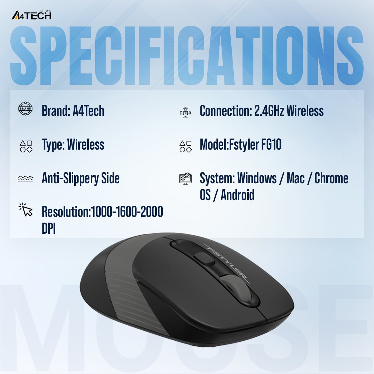 Picture of A4tech FG10 Fstyler Wireless Mouse - 2.4G Wireless Mouse - 2000 DPI - Grey/Blue/Orange