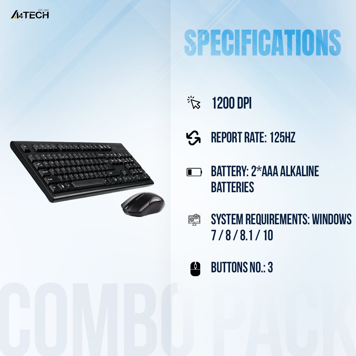 Picture of A4tech 3000N 2.4G Wireless Keyboard - Bangla Layout - 1200 DPI - 12 Multimedia Hotkeys - 12 Months Battery Life - For PC/Laptop - Black