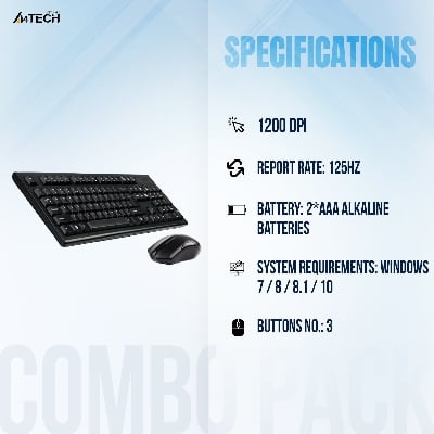 Picture of A4tech 3000N 2.4G Wireless Keyboard - Bangla Layout - 1200 DPI - 12 Multimedia Hotkeys - 12 Months Battery Life - For PC/Laptop - Black