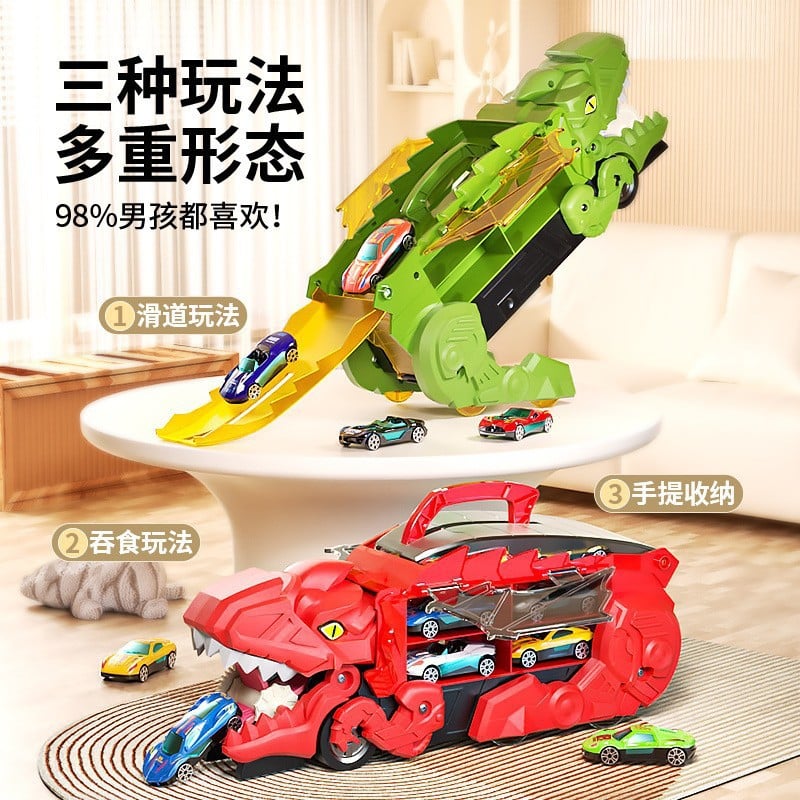 Picture of Super-Sized T-Rex 3-in-1 Car Transporter Toy – Multi-Mode Dinosaur Truck with Racing Slide, Storage Garage & Devouring Action for Die-Cast Cars