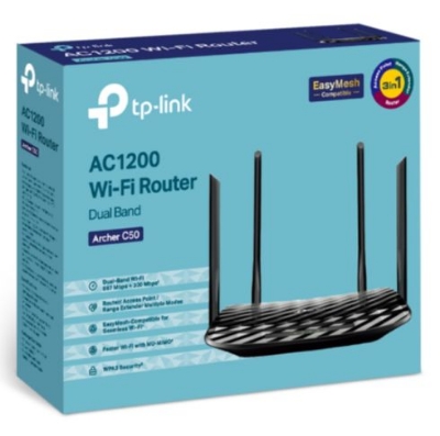 Picture of TP-Link Archer C50 Black AC1200 Wi-Fi Dual Band Router, 4 x 10/100 Mbps Fast Ethernet Ports, Supports MU-MIMO, Beamforming, Guest WiFi, Access Point Mode, IPv6 and Parental Controls