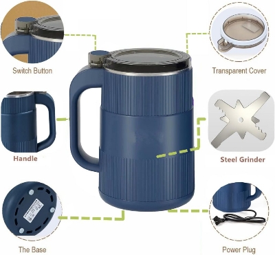 Picture of Grinder Household Small Powder Grinding Machine, Electric Mini Spice Grinder Add 5 Blades 304 Stainless Steel Grinding Fine Powder for All Kinds of Grains, Condiments, Coffee Beans (Blue)