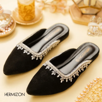 Picture of Hermizon Marwa Black Velvet Crystal Embellished Fashion Pump Mule Sandals for Women