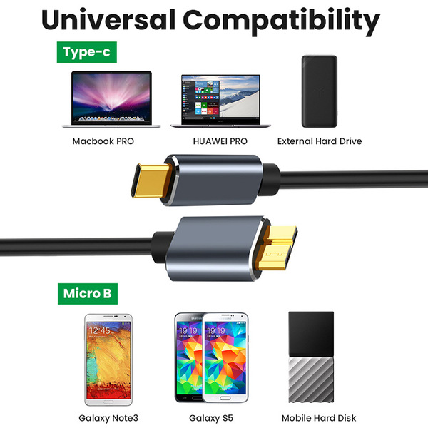 Picture of Portable Hard Disk HDD to Type C Cable - Type-C to USB 3.0 Micro B connector 5Gbps cable