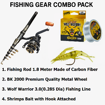 Picture of Fishing Combo Pack – 1.8M Telescopic Rod + BK 2000 Metal Reel + Wolf Warriors 3.0 Fishing Line + Shrimp Bait Hook Se
