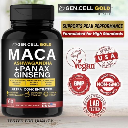 Picture of GEN.CELL GOLD MACA ASHWAGANDHA PANAX GINSENG Maca Root 6,000mg + ASHWAGANDHA 4000mg + Korean Panax Ginseng 1,400mg - 20x Concentrated Extract Black + Red + Yellow Maca Root, 10x Concentrated Extract Panax Ginseng Capsules - Ultra Potent & Highly Purified