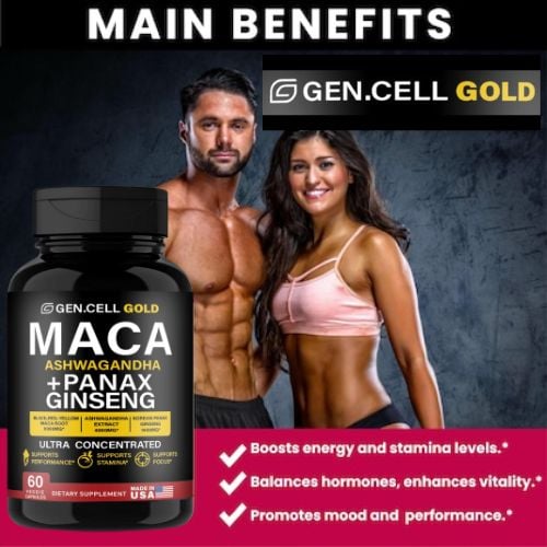 Picture of GEN.CELL GOLD MACA ASHWAGANDHA PANAX GINSENG Maca Root 6,000mg + ASHWAGANDHA 4000mg + Korean Panax Ginseng 1,400mg - 20x Concentrated Extract Black + Red + Yellow Maca Root, 10x Concentrated Extract Panax Ginseng Capsules - Ultra Potent & Highly Purified