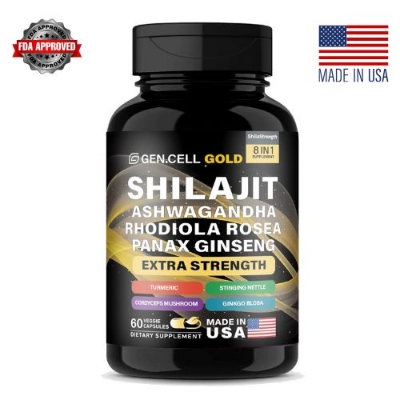 Picture of GEN.CELL 8-In-1 Shilajit Pure Himalayan Organic Supplement 9000MG with Rhodiola Rosea 1000MG, Ashwagandha 2000MG, Ginseng, Gingko Biloba, Turmeric, Cordyceps Mushroom, Stinging Nettle for Full Body Power