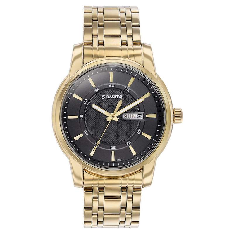 Picture of Sonata Quartz Analog with Day and Date Green Dial Golden Stainless Steel Strap Watch For Men