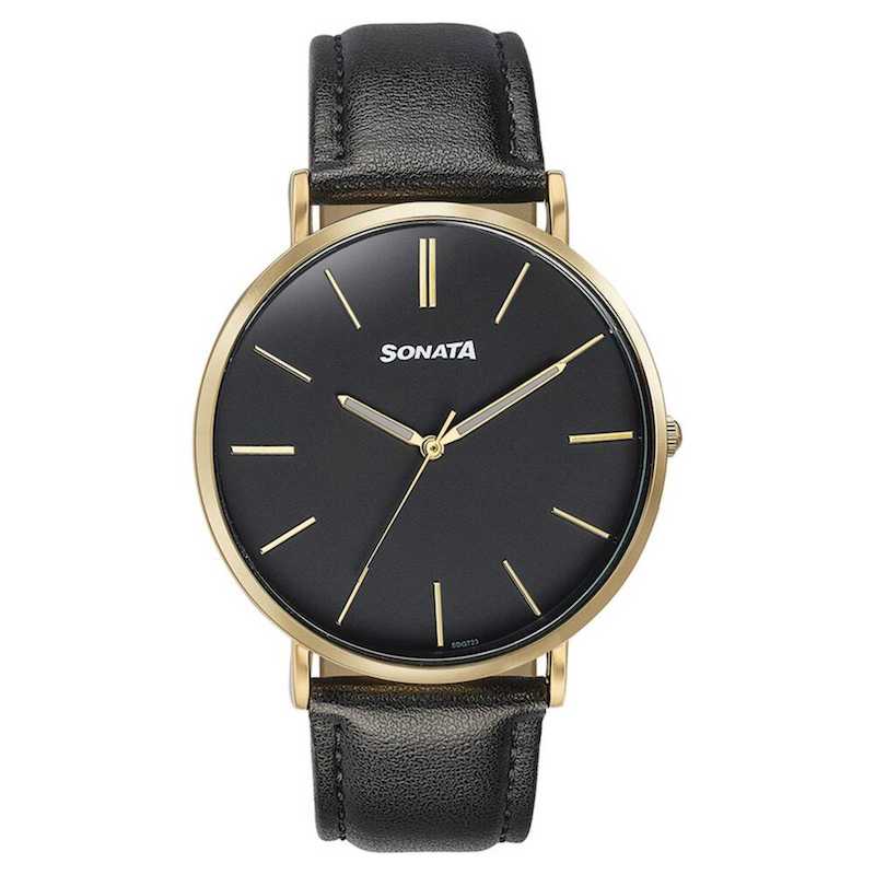 Picture of Sonata Quartz Multifunction Golden Dial Brown Leather Strap Watch For Men