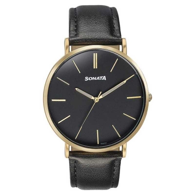 Picture of Sonata Quartz Multifunction Golden Dial Brown Leather Strap Watch For Men