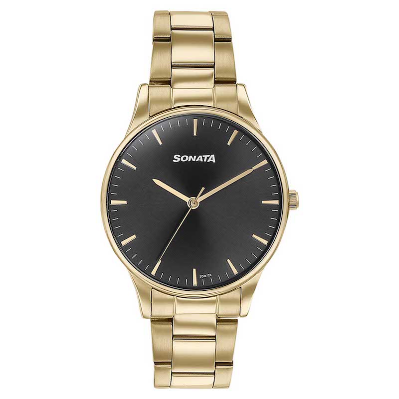 Picture of Sonata Quartz Multifunction Green Dial Golden Stainless Steel Strap Watch For Men