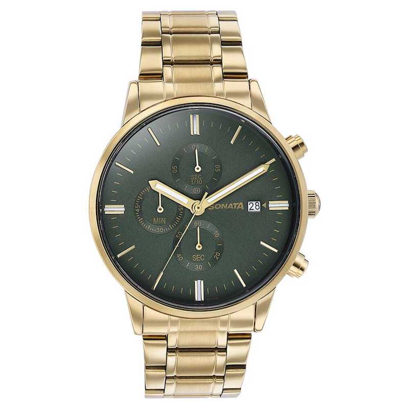 Picture of Sonata Black Round Dial Yellow Strap Watch For Gents