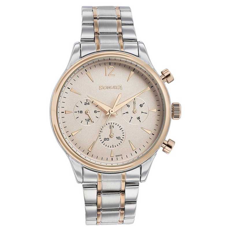 Picture of Sonata Quartz Analog Silver Dial Golden Stainless Steel Strap Watch For Men