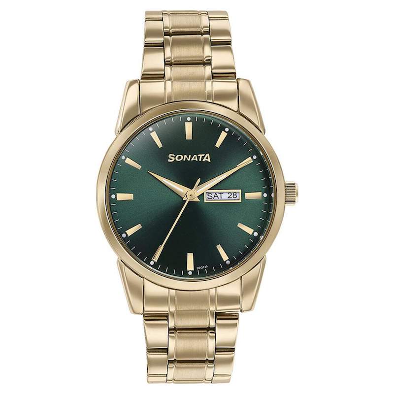 Picture of Sonata Quartz Analog with Day and Date Black Dial Golden Stainless Steel Strap Watch For Men