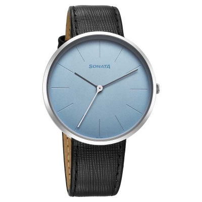 Picture of Sonata Quartz Multifunction Black Dial Black Leather Strap Watch For Men