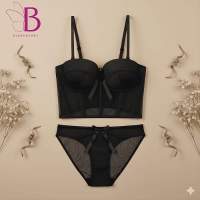 Picture of French Women Sexy Push Up Mesh Corset Transparent Soft Lace Bra Set Night Club Sweet Cropped Top Girls Bra and Panties Underwea