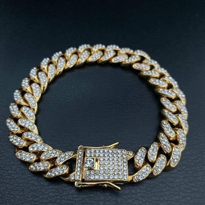 Picture of New style Men Cuban Link Chain Bracelet Shiny Rhinestone Inlaid Bangle Jewelry update on soha shop-Turquoise,17 CM