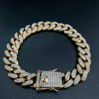 Picture of vairal ss steel New style Men Cuban Link Chain Bracelet Shiny Rhinestone Inlaid Bangle JewelrAyatul Kursi Cuff Bangles For Women Men Stainless Steel Simple Carve Bangle Messager Islam Muslim Arabic Style Jewelry Gift WANNA-gold stone,Black