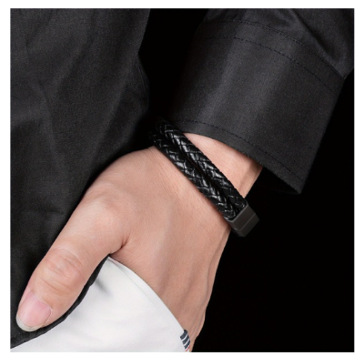 Picture of Black Braided Men Leather Bracelet Stainless Steel Magnetic size 21 cm-code,21 CM