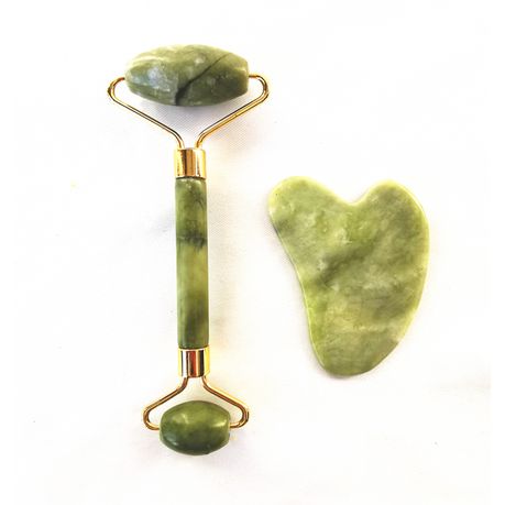 Picture of 2pcs Green natural stone jade massage spa roller, Double Head Facial Roller, Gua Sha Set, Jade Facial Roller Massager, Anti Aging Jade roller Therapy 100% Natural jade facial roller, Guasha Board SPA Scraper Stone Facial Massager Set