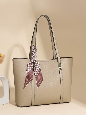 Picture of Elegant Tote Bag for Women | High-Quality PU Leather Shoulder Handbag with Scarf Accessory | Fashionable Khaki/Beige Office & Casual Carry Bag