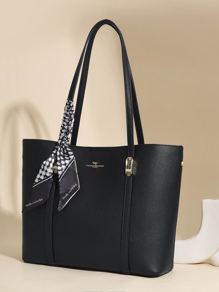 Picture of Elegant Tote Bag for Women | High-Quality PU Leather Shoulder Handbag with Scarf Accessory | Fashionable Khaki/Beige Office & Casual Carry Bag