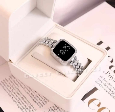 Picture of Full Diamond Touch Screen LED Watch Ladies Fashion Quartz Watch Diamond Steel Strap 30M Waterproof Watch for Women & girls