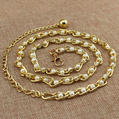 Picture of Cute Metal Adjustable Thin Ladies Waist Pearl Chain Belt For Decorative Cloth - Multicolor