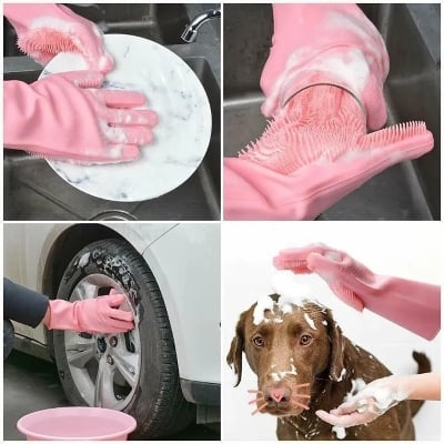 Picture of Dishwashing Cleaning Gloves Magic Silicone Rubber Dish Washing Gloves for Household Sponge Scrubber Kitchen Cleaning Tools [1 pair] - Multicolor
