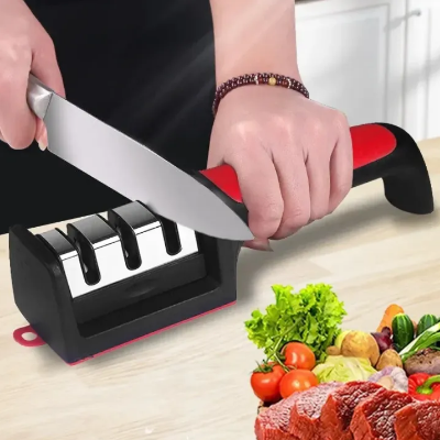 Picture of Kitchen 3-Segment Knife Sharpener Household Multi-Functional Hand-Held 3-Purpose Black Sharpening Stone - Multicolor