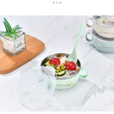 Picture of Baby Feeding Bowl with Lids Stainless Steel Insulated Bowl Spoon Set Children Tableware Cartoon Printed Easy To Clean Children Food Bowl - Multicolor