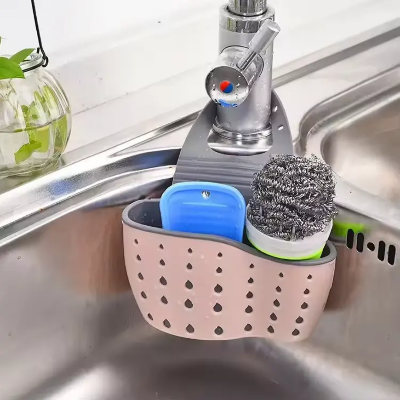 Picture of Kitchen Sink Shelf Organizers Double-Layer Hanging Soap Sponge Storage Holder Accessories Silicone Drain Rack Basket Supplies - Multicolor