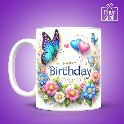 Picture of Happy Birthday Mug, Colorful Butterflies and Flowers Birthday Gift