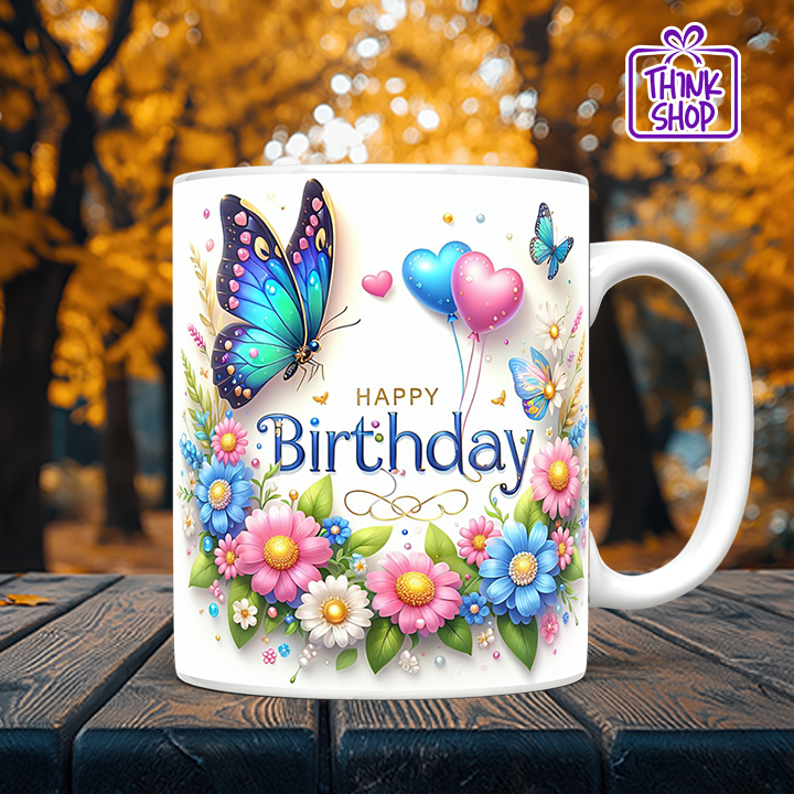 Picture of Happy Birthday Mug, Colorful Butterflies and Flowers Birthday Gift