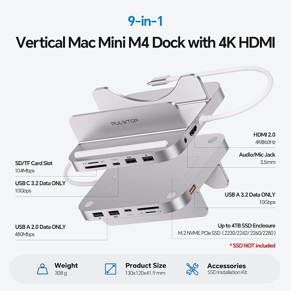 Picture of PULWTOP Mac Mini M4 Dock with 4TB M.2 SSD Enclosure & HD4K, USB-A/C 10Gbps, SD/TF (SSD NOT Included) for Mac Mini M4 Pro