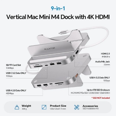 Picture of PULWTOP Mac Mini M4 Dock with 4TB M.2 SSD Enclosure & HD4K, USB-A/C 10Gbps, SD/TF (SSD NOT Included) for Mac Mini M4 Pro