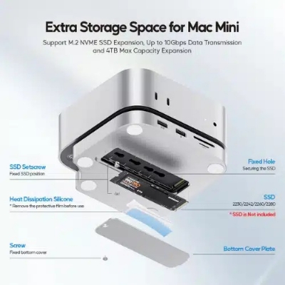 Picture of PULWTOP Mac Mini M4 Dock with 4TB M.2 SSD Enclosure & HD4K, USB-A/C 10Gbps, SD/TF (SSD NOT Included) for Mac Mini M4 Pro