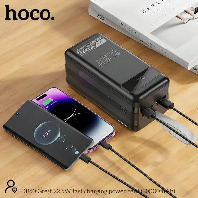 Picture of HOCO DB50 80000mAh Fast Charging Power Bank | 2 Type-C / 4 USB Ports | 22.5W PD/QC | LED Display & Flashlight – Black