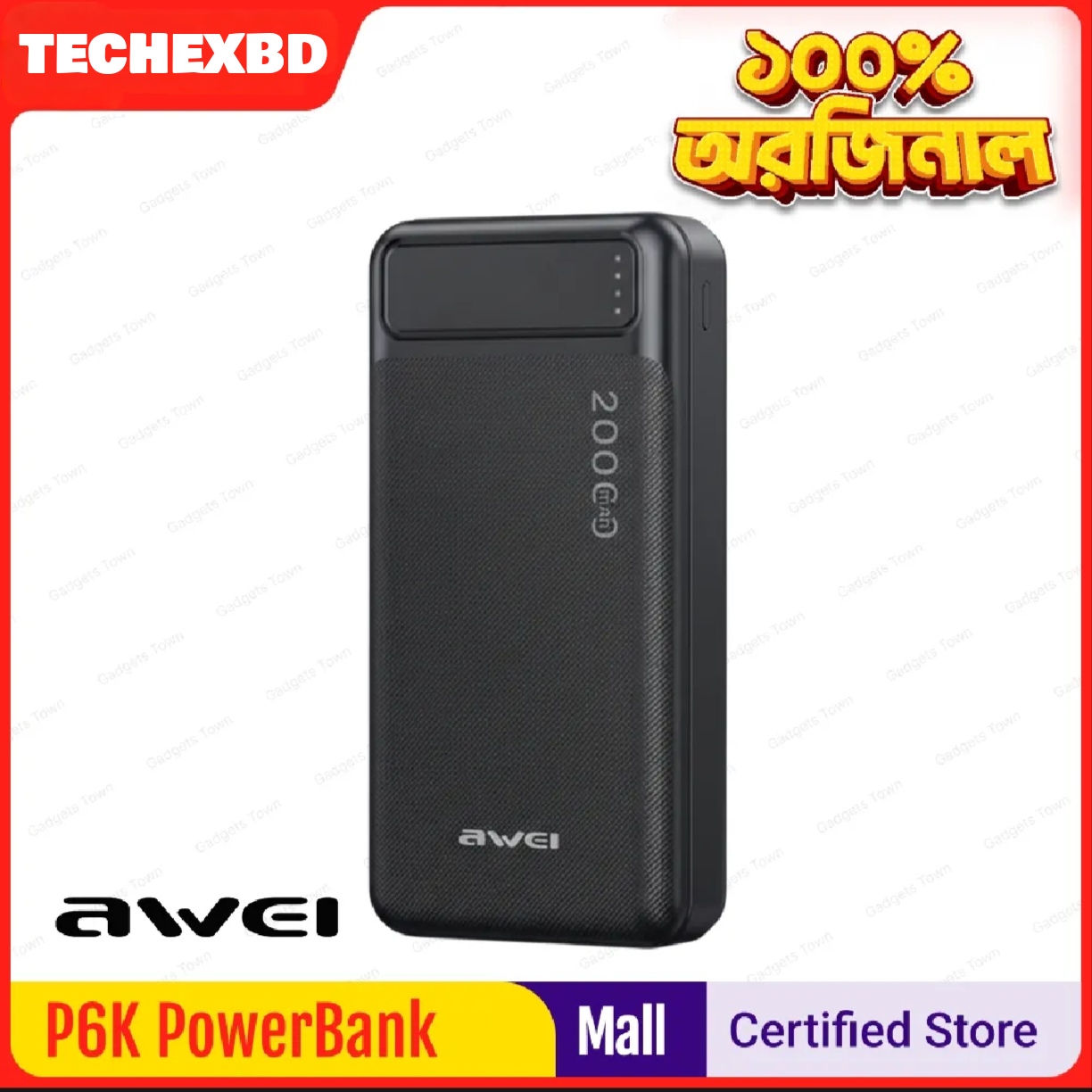 Picture of :  🔋 Awei P6K 20000mAh Power Bank – Dual USB Output, Fast Charging & Compact Design | Long-Lasting Backup for All Devices