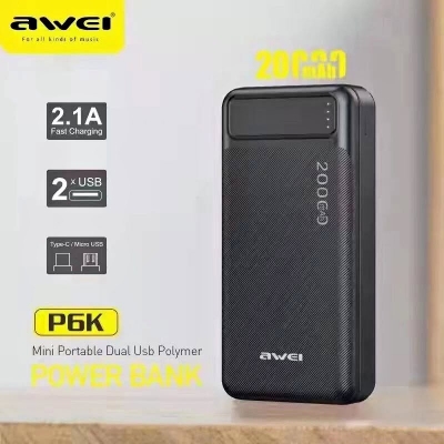 Picture of :  🔋 Awei P6K 20000mAh Power Bank – Dual USB Output, Fast Charging & Compact Design | Long-Lasting Backup for All Devices