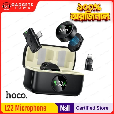 Picture of HOCO | L22 “Bright” Wireless Lavalier Microphone | Type-C Receiver + Lightning Adapter | 80mAh Mic & 600mAh Charging Case | 5–6h Use | Magnetic Clip, Plug-and-Play | For Android & iPhone